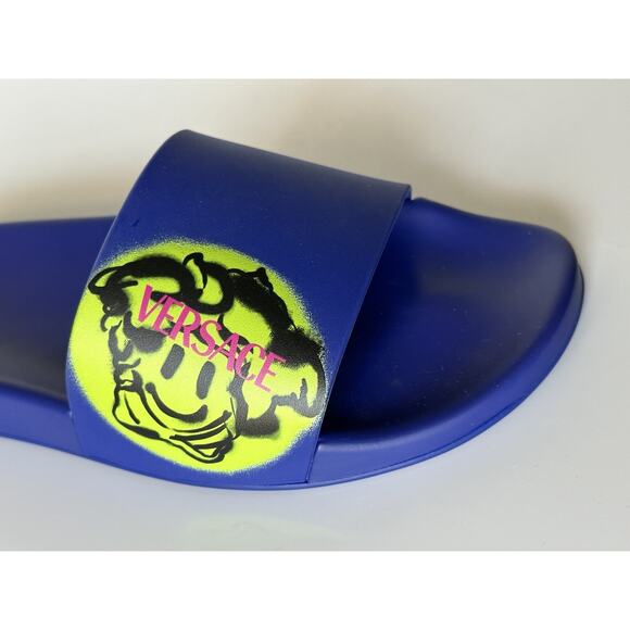 Versace Smiley Medusa Slides Sandals Blue/Lime 11 US (44 Eu) DSU6516 IT NIB $450 - Picture 3 of 13